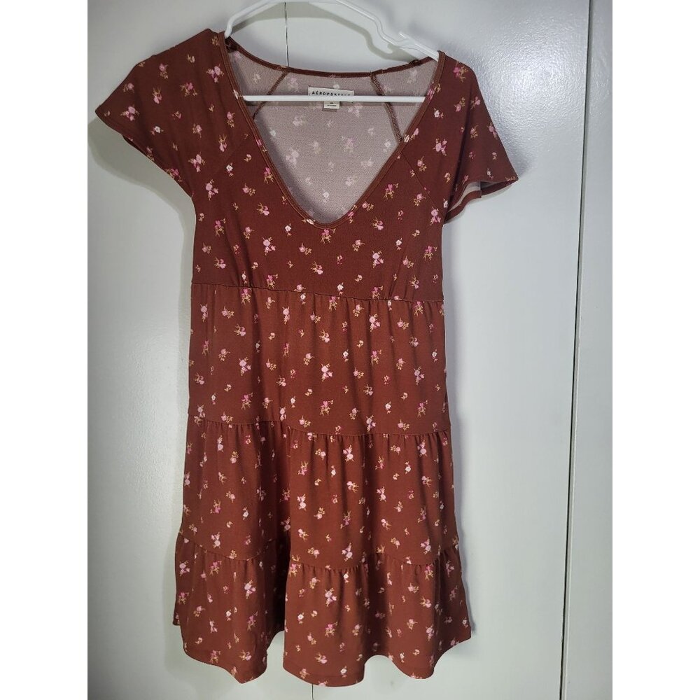 Aeropostale Floral V Neck Babydoll Dress Rust Tiered Country Festival y2k style - Picture 1 of 8